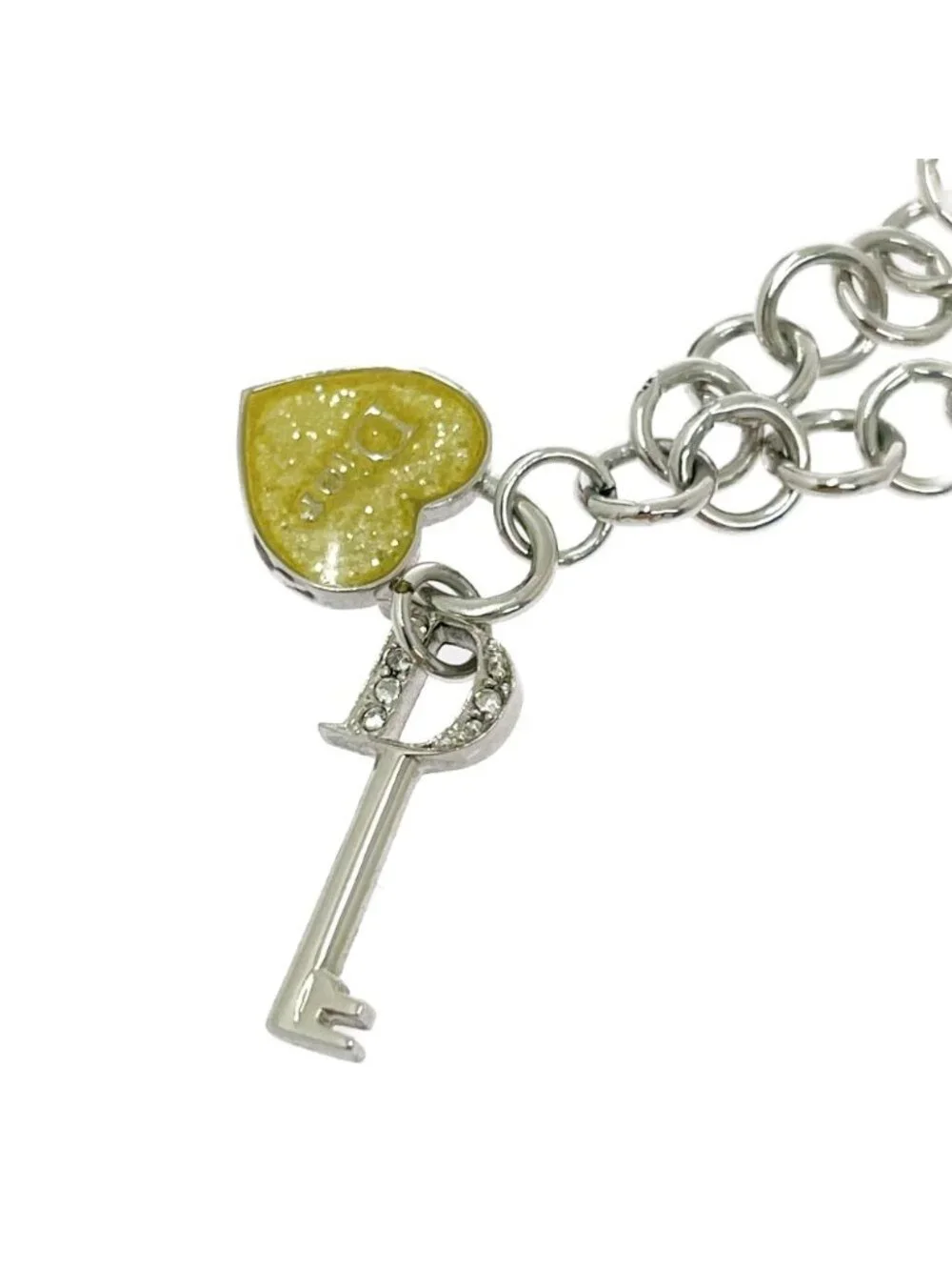 Dior Metal Rhinestone Heart Padlock Key Necklace Silver